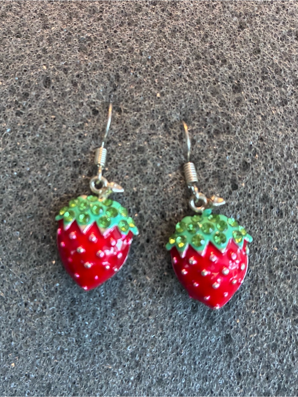 Strawberry Rhinestone Dangle Earrings Red Green Enamel Fruit Statement Jewelry